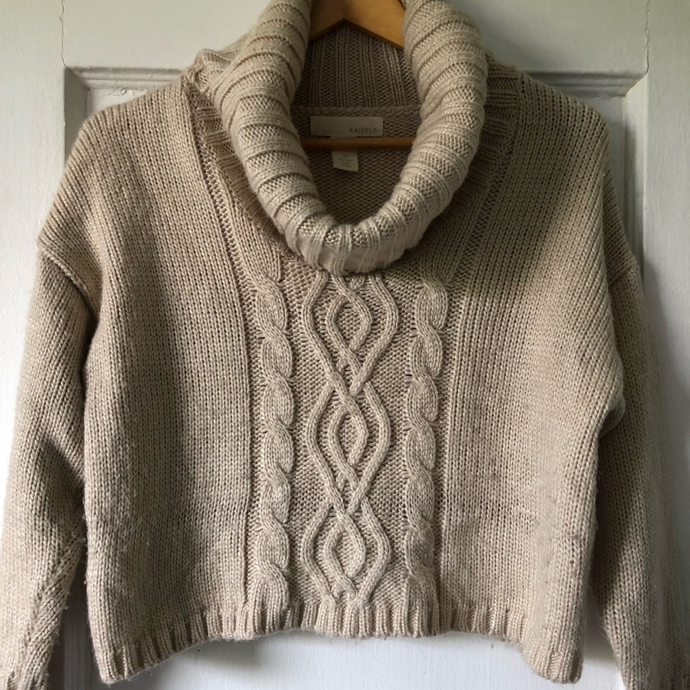 Cropped cowl neck cable knit sweater